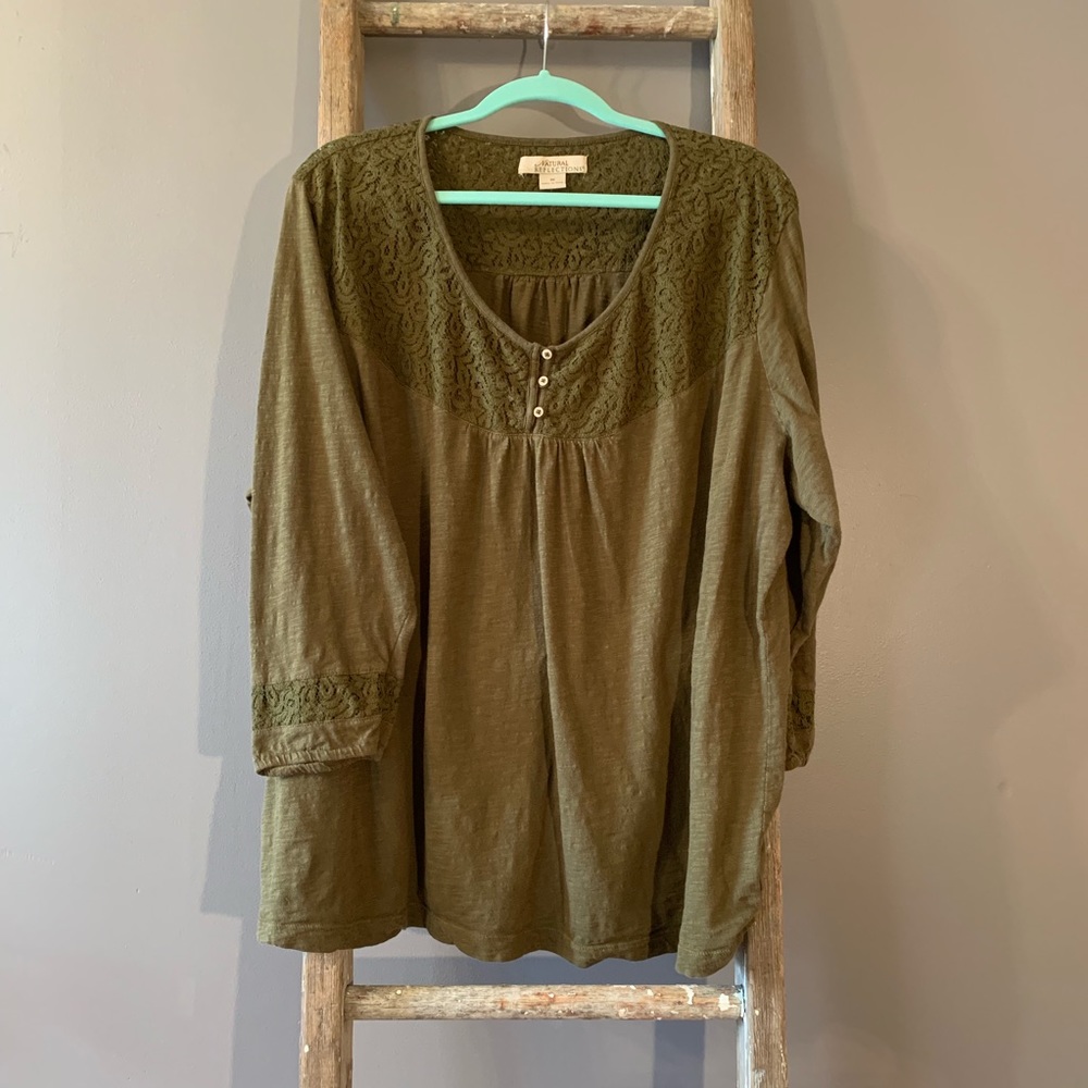 Olive 3X 3/4 Sleeve Natural Reflections Blouse